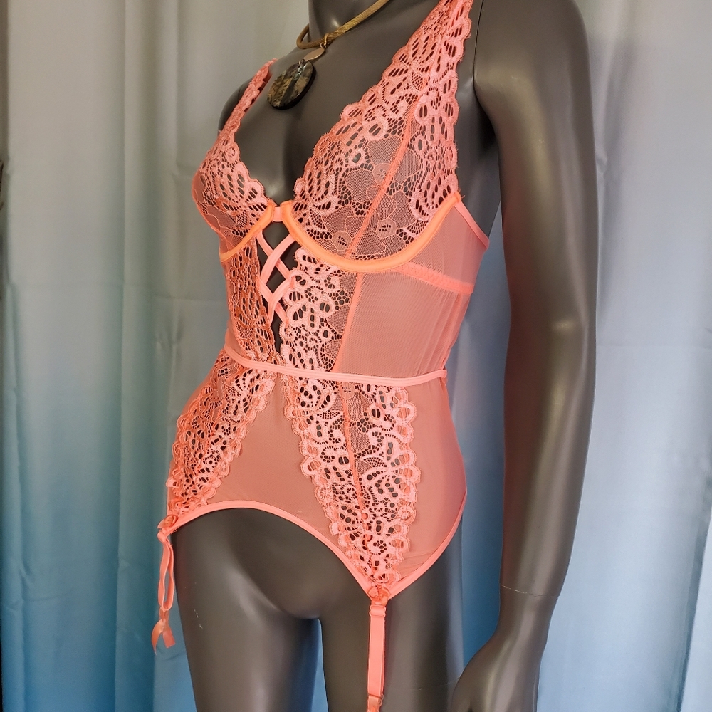 The Escante Collection Neon Coral Lace Mesh Chemise NWOT